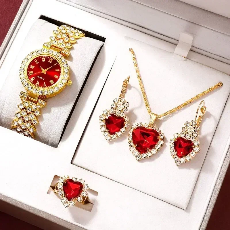 Luxury Watch Kit - Golden Luxury Watch Women Ring Necklace